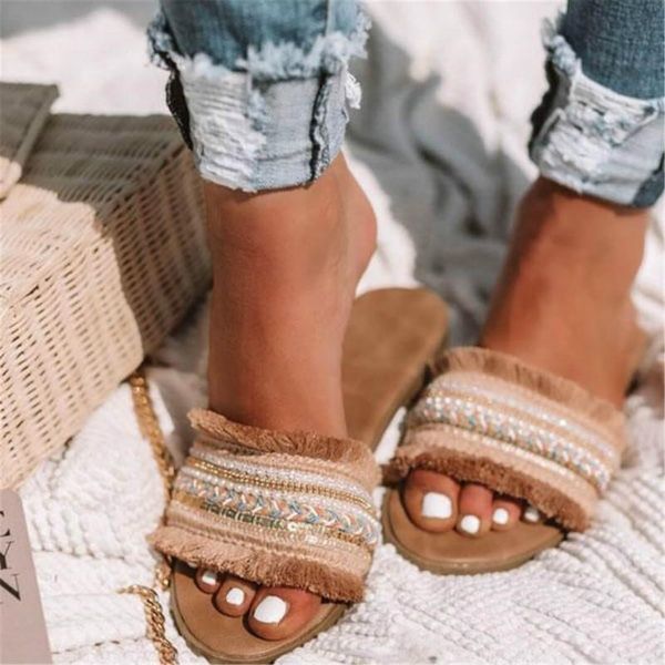 

summer fringe rome slippers large size women flat with slide breathable weaving mules shoes casual sandals, Black