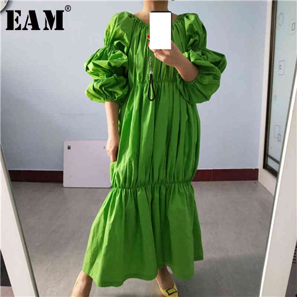 

Casual Dresses [EAM] Women Green Pleated Split Joint Big Size Midi Dress Slash Neck Puff Sleeve Loose Fit Fashion Spring Autumn 1S577 JPWY, Black;gray