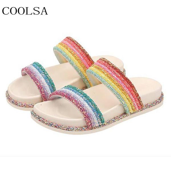 

summer women's bright diamond bling slippers outside rainbow flip flops house shoes women slides flat sandals, Black