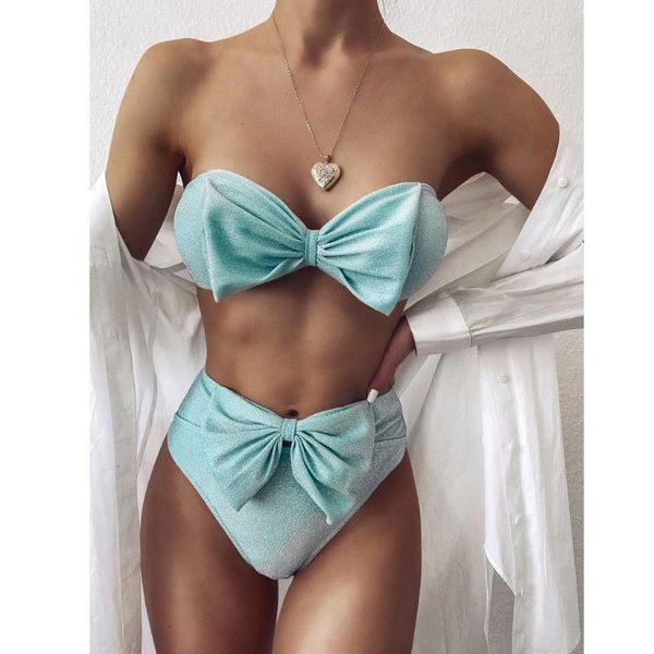 

fashion strapless bikini 2021 women bandeau bowknot push up swimsuit high waist maillot de bain 2 piece femme women's swimwear, White;black