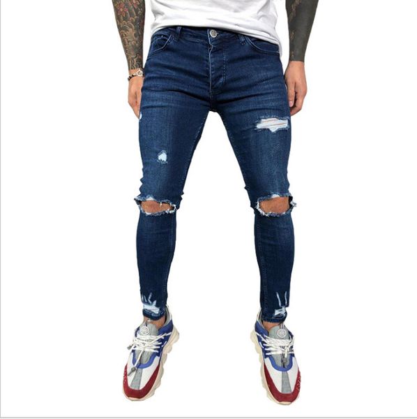 

men pencil jeans denim pants classic knee hole washed jogging pant, Blue