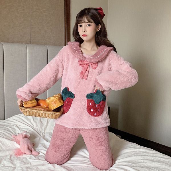 

winter coral fleece pajamas women kawaii strawberry pj thicken sleepwear warm sweet cute flannel loungewear two piece lounge set, Black;red