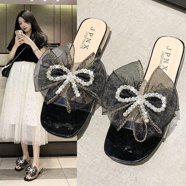 

slippers 2021 girl square heel beaded bow design ladies sandals low women shoes a, Black