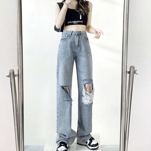 

spice girl style lace stitched blue hole summer high street vertical pants