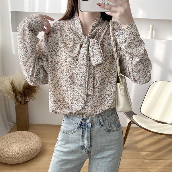 

women's blouses & shirts oversized shirt blouse floral long sleeve autumn korean fashion loose bow blusas mujer de moda 2021 verano, White