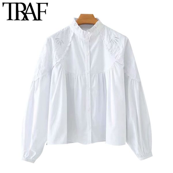 

traf women fashion with ruffle trims embroidery loose blouses vintage lantern sleeve button-up female shirts chic 210415, White
