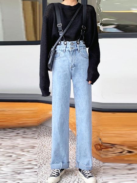 

jeans for women 2021 spring pants vintage washed loose high waist bib fashion denim trousers jumpsuit women's, Blue