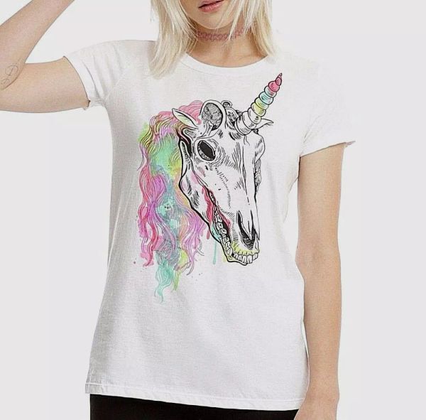 

rainbow unicorn skull girls juniors women's t-shirt new xs-3xl, White;black