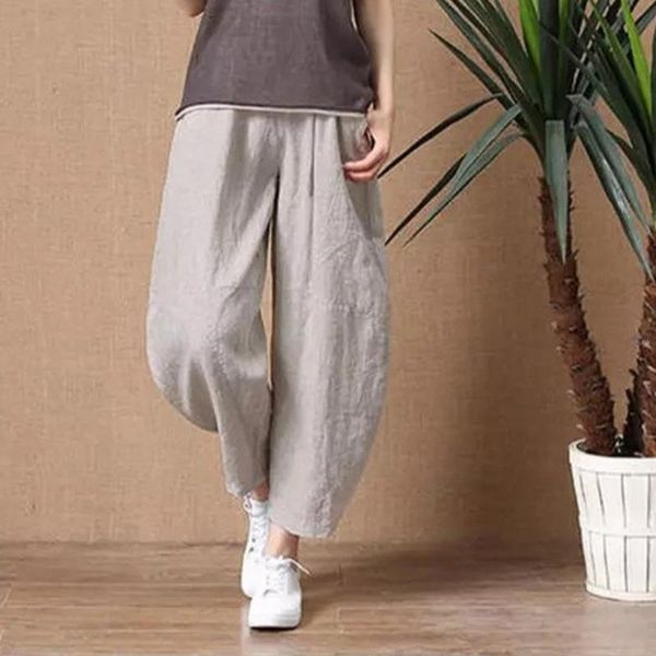 

women's pants & capris missky women summer autumn solid color loose cotton linen elastic waist wide leg female, Black;white