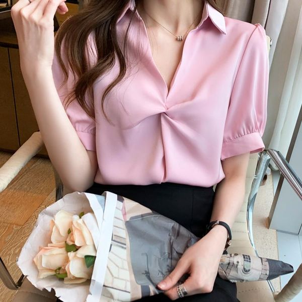 

women's blouses & shirts real-life niche design sense fashion pleated shirt women 2021 summer foreign gas v-neck short-sleeved chiffon, White