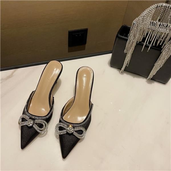 

slippers shoes casual low thin heels heeled mules pointed toe slides slipers women luxury soft high 2021 rubber basic pu rome fa, Black