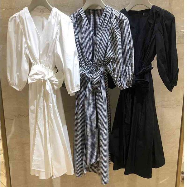 

\japanese sweet bow design puff sleeve woman dress summer lace up slim waist vestido de mujer v-neck feminino robe 210514, Black;gray