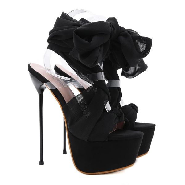 

summer bow stilettos super high heels ladies sandals black ankle straps bare instep women's shoes cross ribbon fish mouth