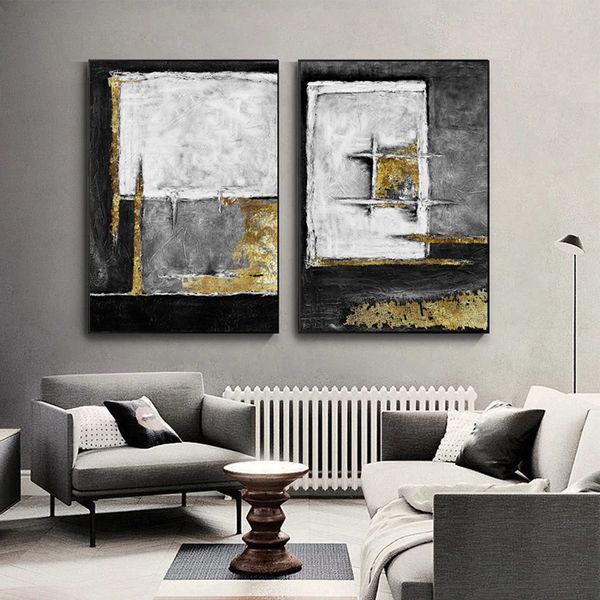Abstrakte Wandmalerei, goldene Schwarz-Weiß-Poster, moderne Heimdekoration, Wandkunst für Wohnzimmer, Ölgemälde auf Leinwand gedruckt