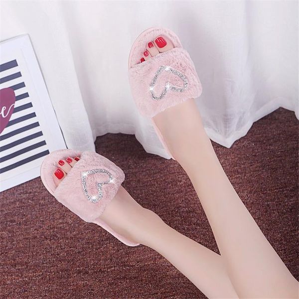 

women home slippers winter warm diamond heart slipper indoor mute non-slip pink cute flat female shoes fur slides, Black