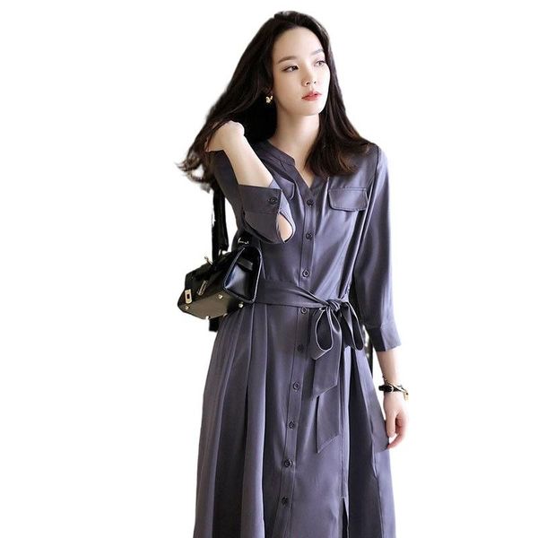 

casual dresses women's dress spring fashion v-neck slim mid-length a-line skirt, Black;gray