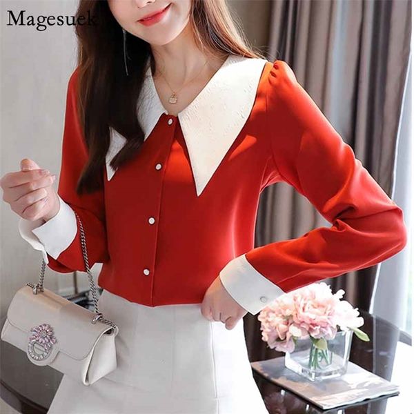 Casual Solid Button Cardigan Bluse Frauen Rot Schwarz Tops Herbst Süße Lose Langarm Chiffon Hemd Blusas 10603 210518