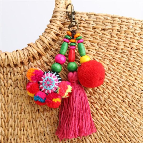 

keychains bohemian style color tassel wood bead hair ball bag pendant decoration creative keychain accessories car key ring holiday gift, Silver