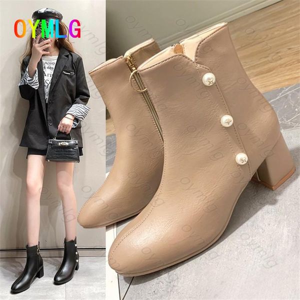 

boots women's children's 2021 autumn and winter solid color thick heel increased pointed toe ankle, Black