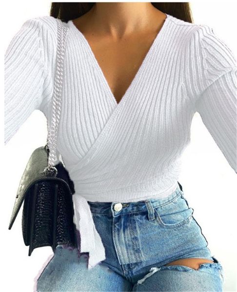 

2021 new spring solid color long sleeve v-neck lace up t-shirt, White