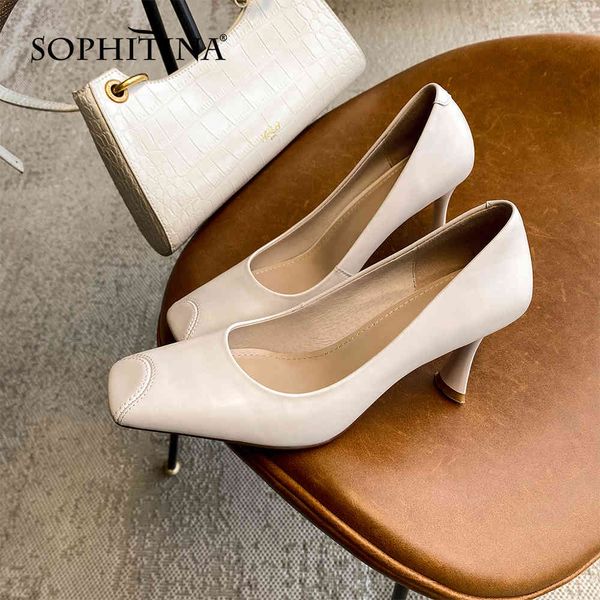 

sophitina pumps woman genuine leather square toe shallow high thin heel office lady concise style shoes fo08 210513, Black