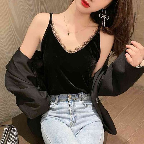 

wwenn women camis tanks lace halter velvet camisole spring summer v-neck sleeveless low chest women's clothing 210507, White