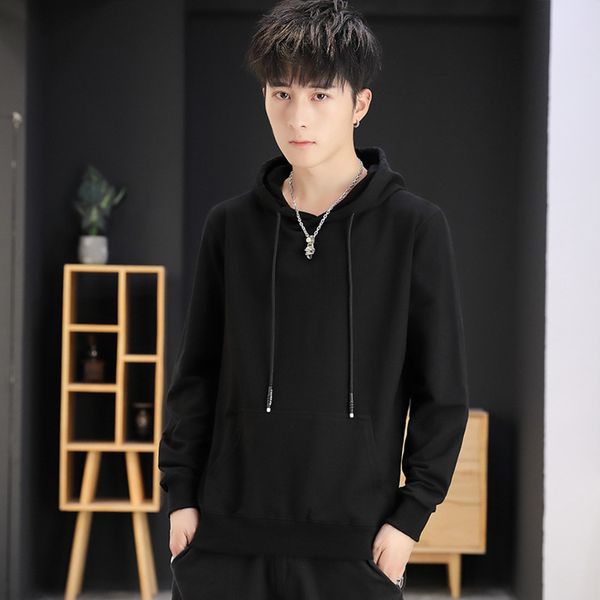 

2019 new hooded sweater solid color pure cotton korean long sve autumn hoodie trend loose men's coat multicolor, Black