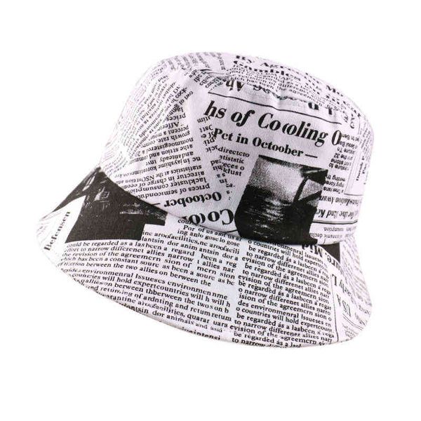 

black white letter newspaper print sun hat fashion fisherman hats men women street hip hop bucket hat fishing cap g220311, Blue;gray