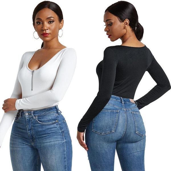 

spring autumn long sleeve o-neck zipper bodysuits women solid color casual bodycon overalls romper female plus size 3xl women's t-shirt, White
