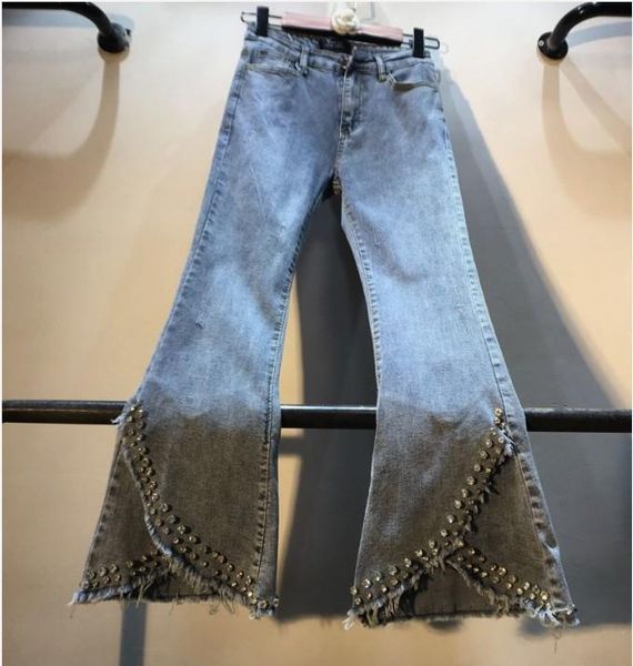 

women's jeans 2021 spring denim trousers retro heavy drilled diamond beaded slim pants female high waist flare, Blue