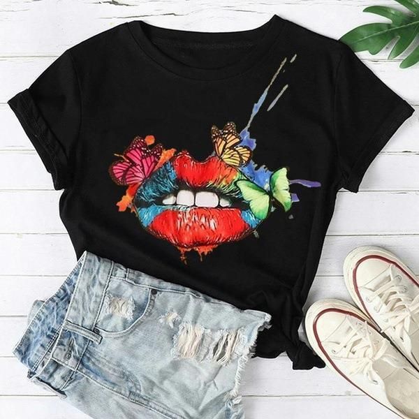 

fashion summer color lips women t shirt painted o neck short sleeve butterfly graphic tees female harajuku, White