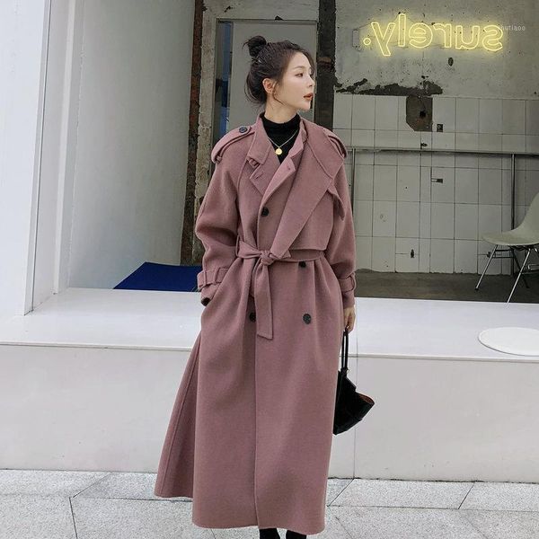 

women's wool & blends winter vintage women long sleeve woolen coats ladies thick elegant streetwear oversize chic jacket, Black