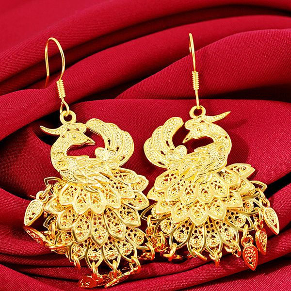 

dangle earrings women big peacock hollow design 18k yellow gold filled engagement bridal gift, Silver