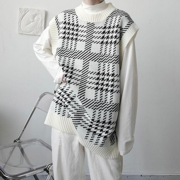 

men's vests knitted vest round neck handsome sweater korean trend plaid streetwear male clothing 2021 autumn winter fashion, Black;white