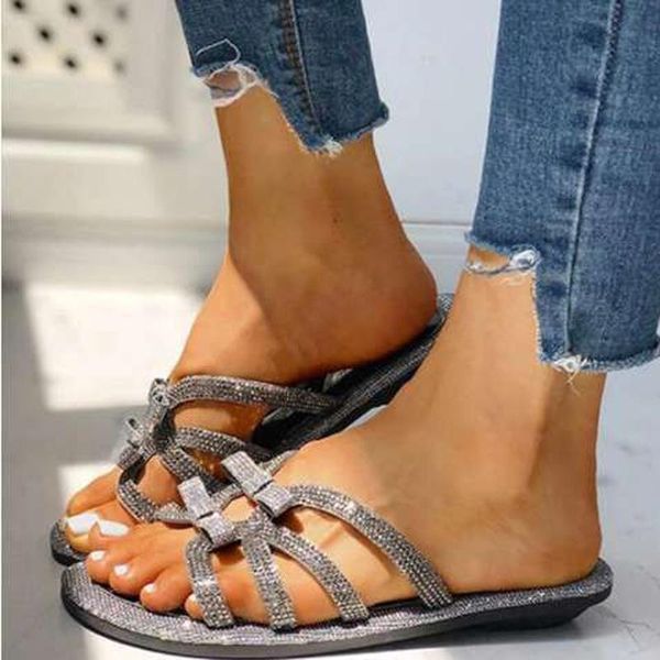 

slippers women's girl sandals crystal casual slides open toe beach shoes lady rhinestone bow shiny comfort plus size 35-43, Black