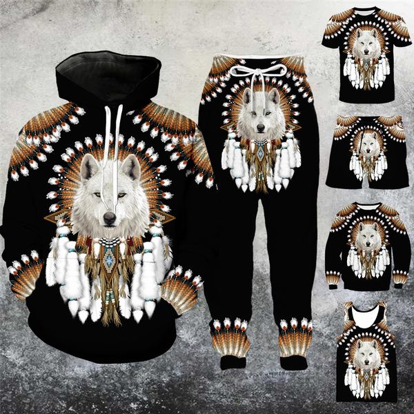 Atacado - Nova Chegue Popular Native Indian Wolf Homens Mulheres Impressão 3D Harajuku Estilo Camiseta / Hoodies / em camisolas / Calças / Calções / Colete / Zipper Hoodies QG02