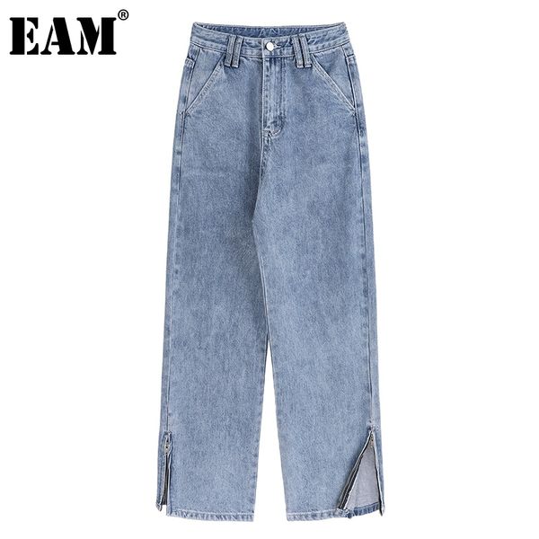 

[eam] high waist blue denim wide leg slit long trousers loose fit pants women fashion spring autumn 1dd5848 210512