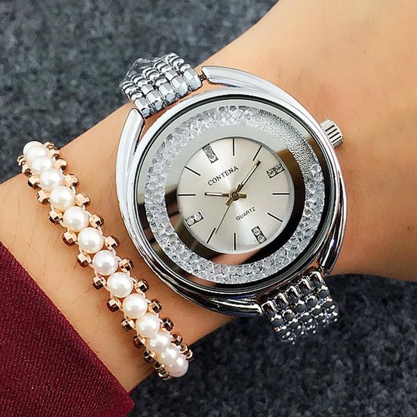 

wristwatches silver women's watches luxury fashion brand women dress watch alloy quartz wrist girls ladies crystal, Slivery;brown