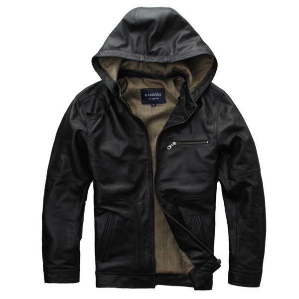 

men's leather & faux autumn winter genuine male header level slim cow jacket hooded long windbreaker coat hood, Black