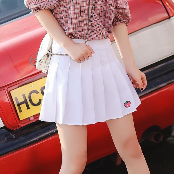 

xs  five colors cute women skirt strawberry embroidery girls high waist a line pleated sweet safety pants student, Black