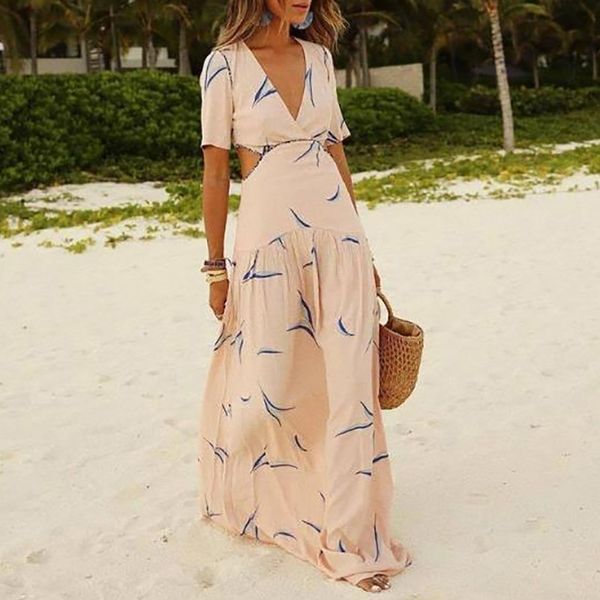 

quality bohemian v-neck print dress beach skirt pb1a057d, Black;gray