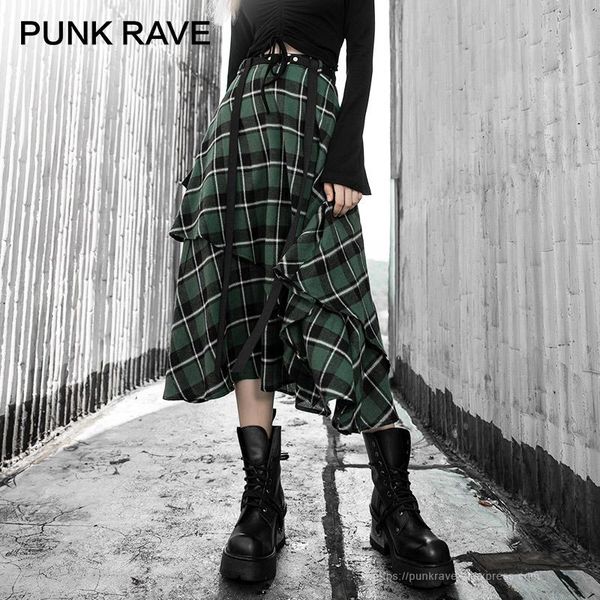 

skirts punk rave girl's handsome street bf asymmetric plaid skirt over the knee long section a type club cool autumn and winter, Black