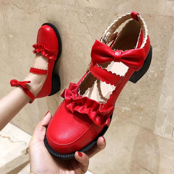 

dress shoes summer korean japanese princess cosplay party lolita ladies bowtie ruffles sweet chunky heel pumps mary jane shoe, Black
