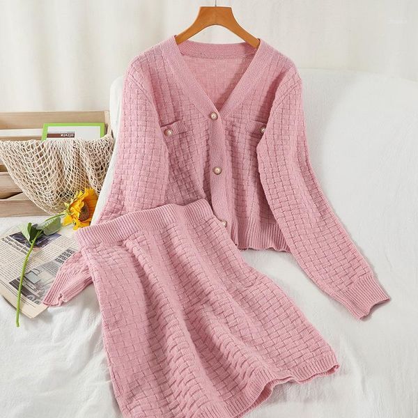 

two piece dress ladies and western style suit loose short knit sweater coat jacket buttocks skirt two-piece female, White
