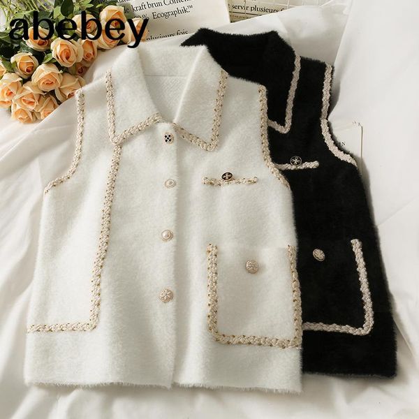 

women's knits & tees korean square collar sleeveless knitted cardigan hit color patchwork single breasted sweater vest 2021 spring autu, White