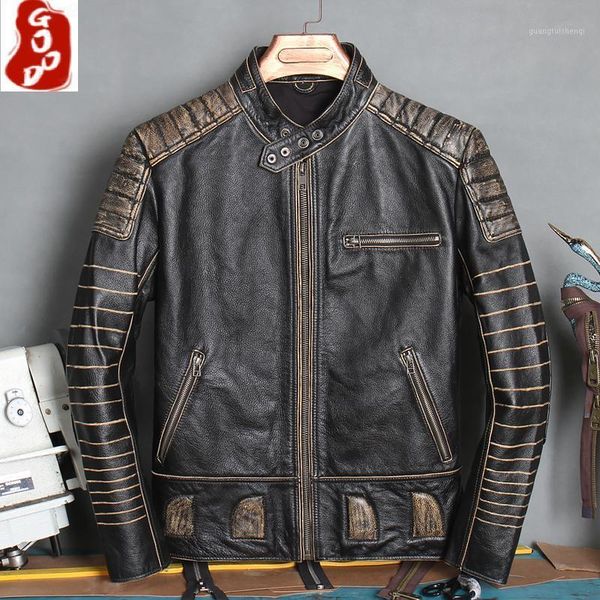 

streetwear natural genuine leather jacket men motorcycle 100% real cow coat male coats jackets 1608 lw men's & faux, Black