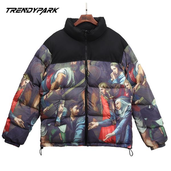 

2021 mens winter warm jaet coat patchwork vintage painting harajuku padded puffer jaet oversize male parka mens clothing, Black;brown