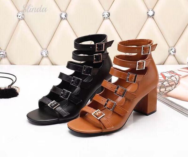 

sandals ladies chic leather buckle high heel botas chunky sole real peep toe party shoes, Black