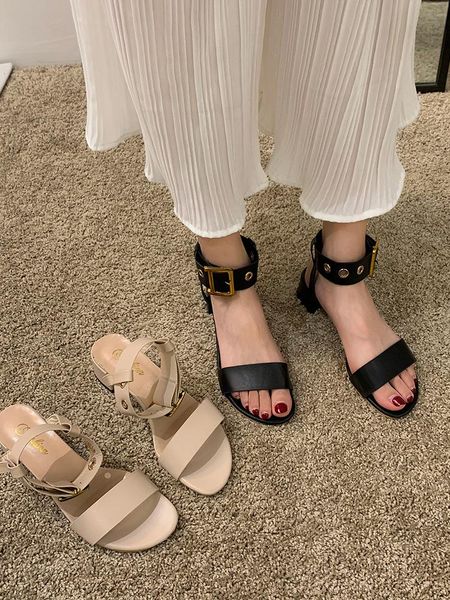 

women's shoes sandals 2021 summer fashion metal buckle thick with roman, Black