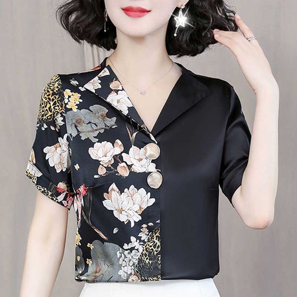 

blouse women blusas mujer de moda v-neck office lady blouse print chiffon blouse shirt short sleeve women shirts d201 210602, White